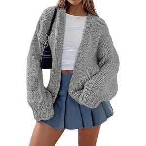 Womens Trendy Cardigan Sweaters Light Grey Long Sleeve Chunky Knit Outfits